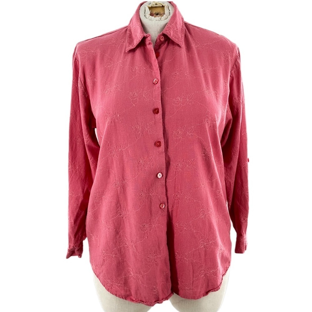 Napa Valley top L pink coral 55% linen floral button down coastal 90s vintage